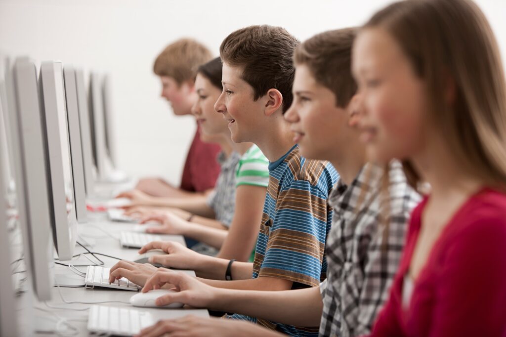 A group of young people, boys and girls, students in a computer class working at screens.
